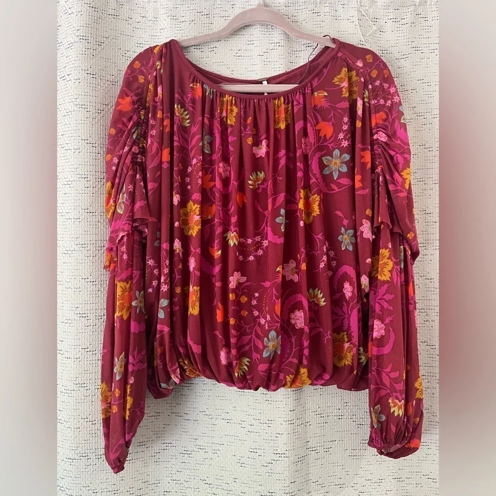Free People Burgundy M Floral Wildflower Honey Peasant Blouse NWT